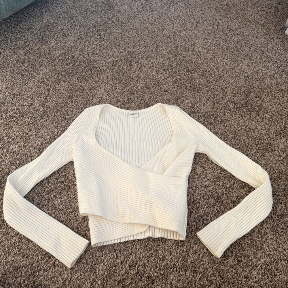 Abercrombie Ribbed Wrap-Front Long Sleeve Top - Cream
